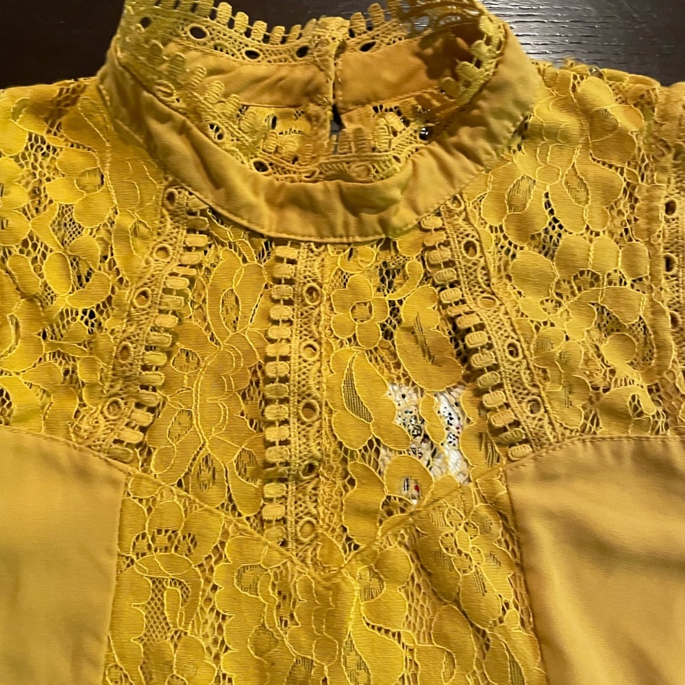 Sleeveless, beautiful lace size large top in mustard yellow by Self Esteem.